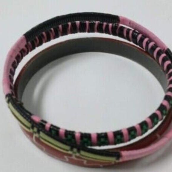 BUNDLE: African Patterned Beaded Painted Bangle Bracelet Trios (Multiple Colors) - Picture 5 of 12